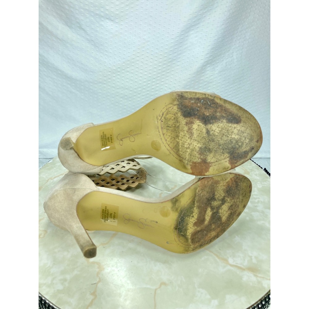 Jessica Simpson Ankle Strap Stiletto Heels Womens 7 Beige Leather Cutout Sandals - Picture 12 of 13